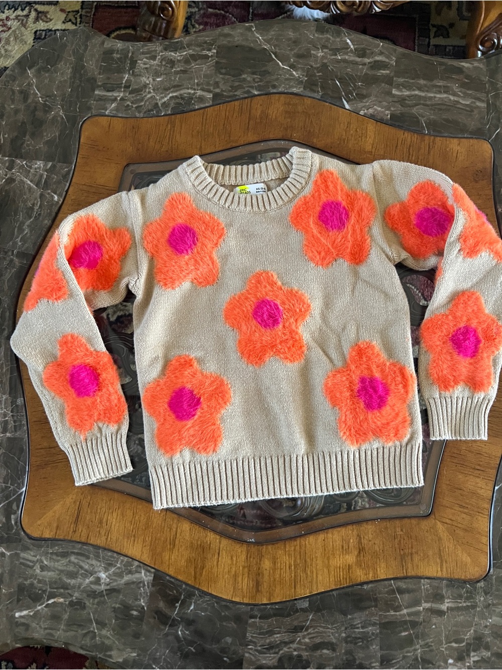 Epic Threads Beige Sweater with Orange Fuzzy Flowers and Pink Centers